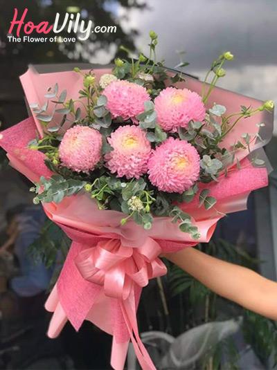 Bó hoa cúc mẫu đơn hồng - Yêu em mặn nồng
