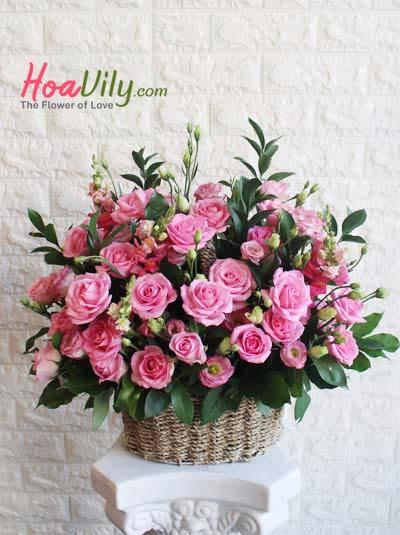 Giỏ hoa chúc mừng- Cánh hồng thơ ngây