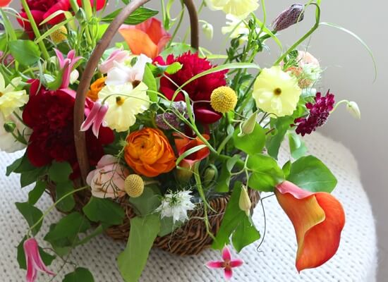 Hoa cắm giỏ kết hợp nhiều loài hoa rực rỡ