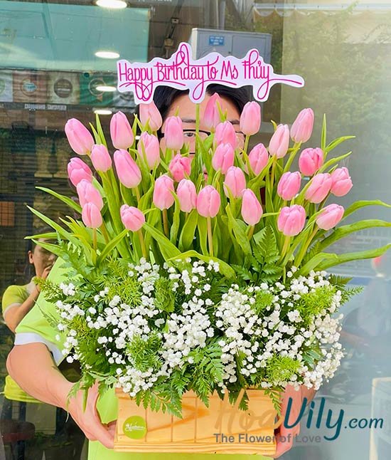 Hộp hoa tulip hồng - Gió xuân lãng mạn