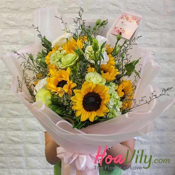 Bó hoa hướng dương tròn với cát tường